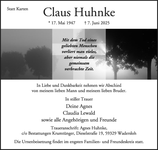 Traueranzeige von Claus Huhnke von Die Glocke