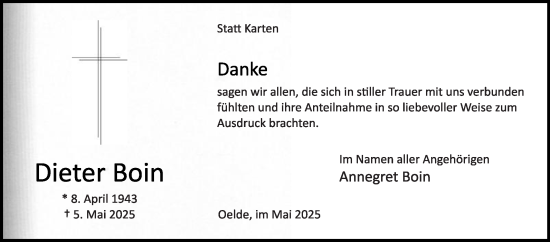 Traueranzeige von Dieter Boin von Die Glocke