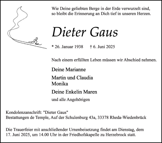 Traueranzeige von Dieter Gaus von Die Glocke