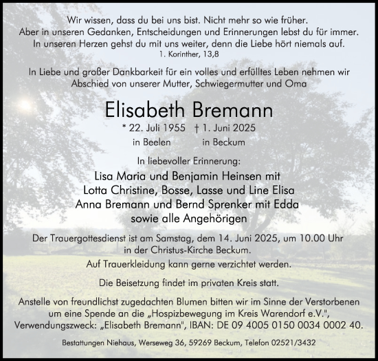 Traueranzeige von Elisabeth Bremann von Die Glocke