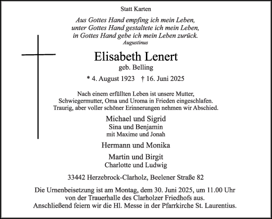 Traueranzeige von Elisabeth Lenert von Die Glocke