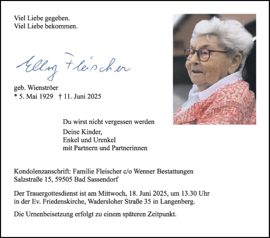 Traueranzeige von Elly Fleischer von Die Glocke