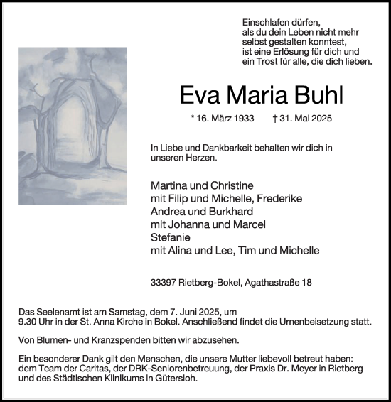 Traueranzeige von Eva Maria Buhl von Die Glocke