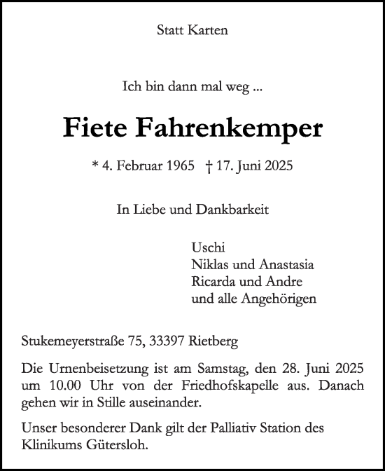 Traueranzeige von Fiete Fahrenkemper von Die Glocke