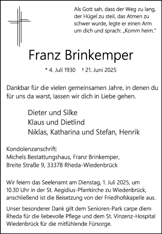 Traueranzeige von Franz Brinkemper von Die Glocke