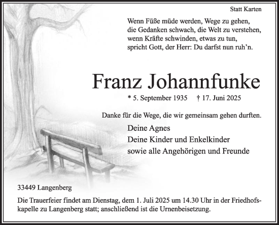Traueranzeige von Franz Johannfunke von Die Glocke