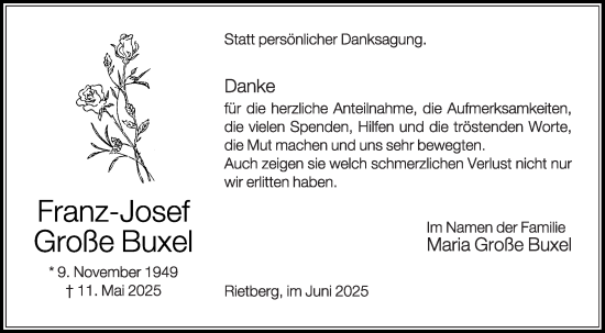 Traueranzeige von Franz-Josef Große Buxel von Die Glocke