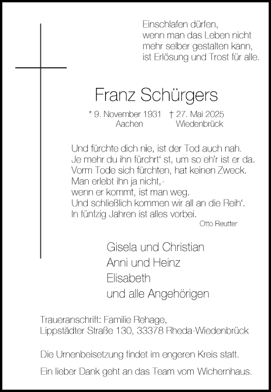Traueranzeige von Franz Schürgers von Die Glocke