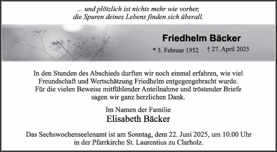 Traueranzeige von Friedhelm Bäcker von Die Glocke