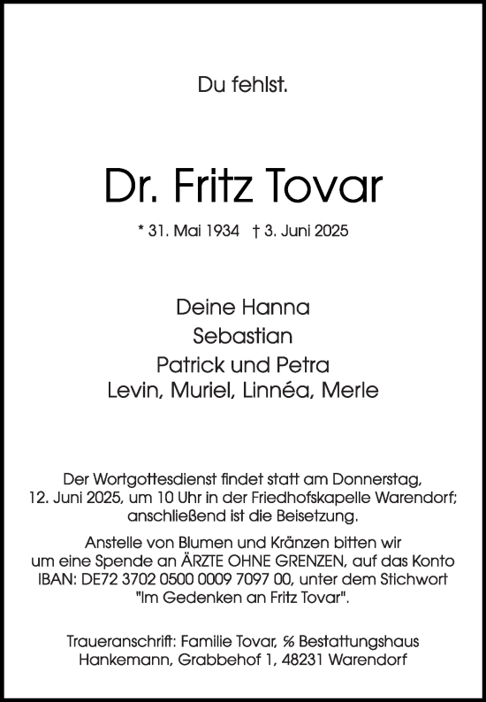 Traueranzeige von Fritz Tovar von Die Glocke