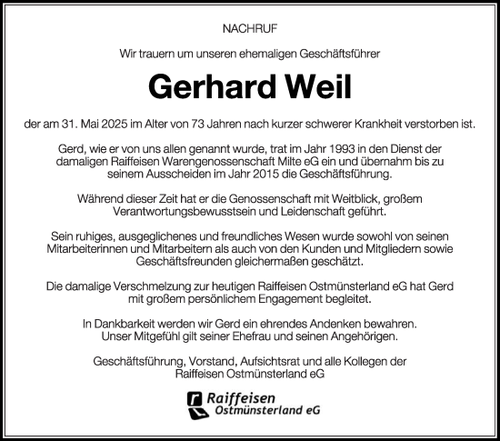 Traueranzeige von Gerhard Weil von Die Glocke