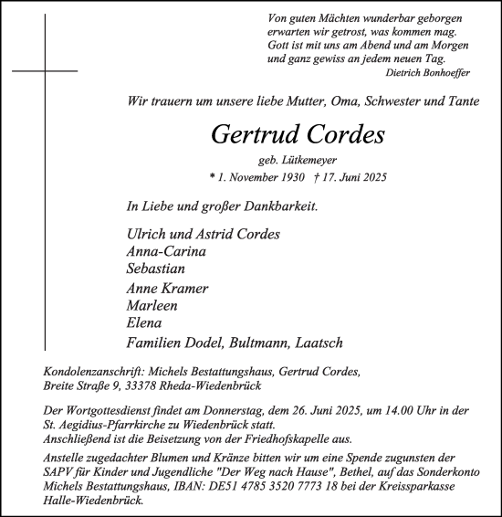 Traueranzeige von Gertrud Cordes von Die Glocke