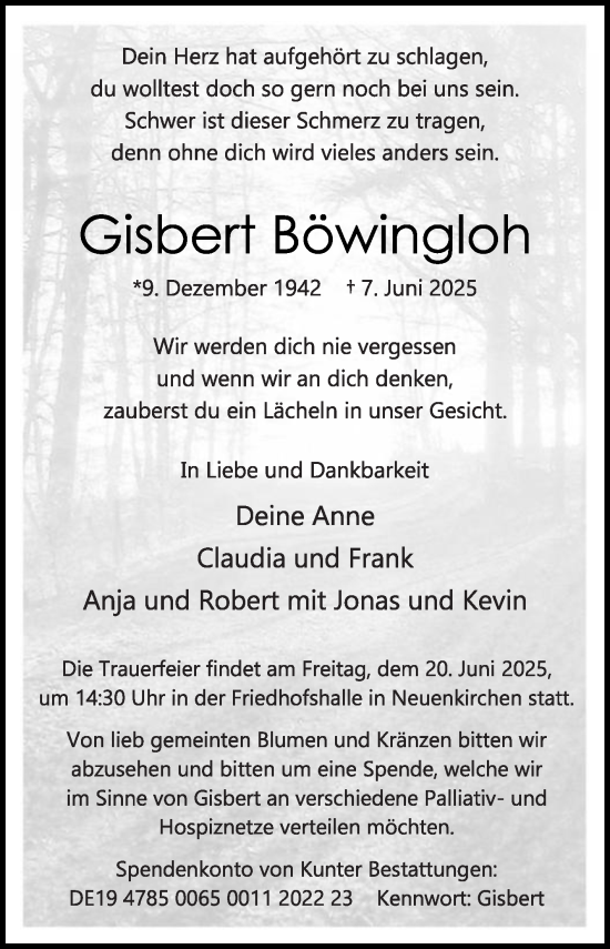 Traueranzeige von Gisbert Böwingloh von Die Glocke