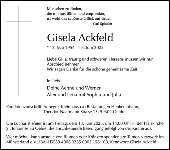 Traueranzeige von Gisela Ackfeld von Die Glocke