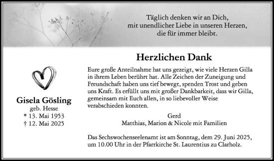 Traueranzeige von Gisela Gösling von Die Glocke