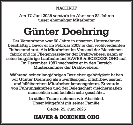 Traueranzeige von Günter Doehring von Die Glocke