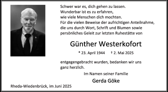 Traueranzeige von Günther Westerkofort von Die Glocke