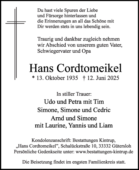 Traueranzeige von Hans Cordtomeikel von Die Glocke