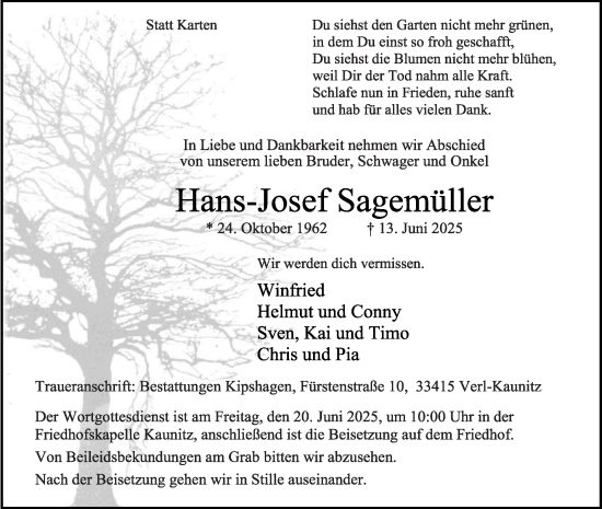 Traueranzeige von Hans-Josef Sagemüller von Die Glocke
