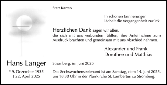 Traueranzeige von Hans Langer von Die Glocke