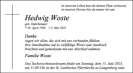 Traueranzeige von Hedwig Woste von Die Glocke