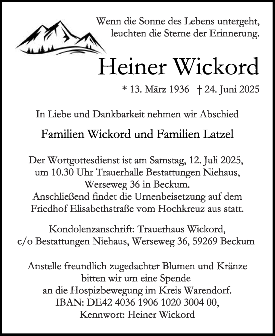 Traueranzeige von Heiner Wickord von Die Glocke