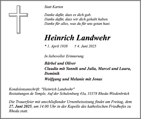 Traueranzeige von Heinrich Landwehr von Die Glocke