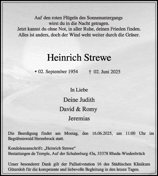 Traueranzeige von Heinrich Strewe von Die Glocke
