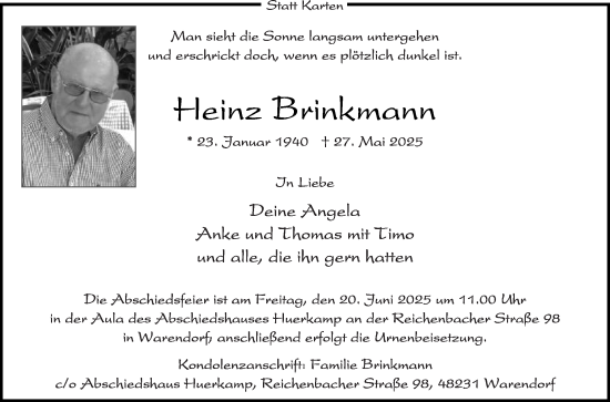 Traueranzeige von Heinz Brinkmann von Die Glocke