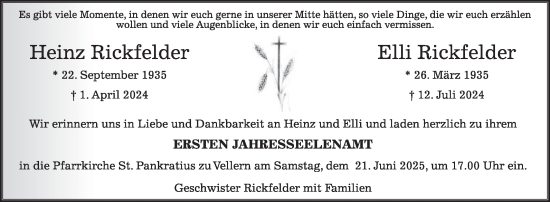 Traueranzeige von Heinz Rickfelder von Die Glocke