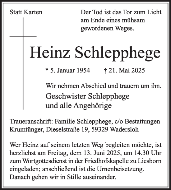Traueranzeige von Heinz Schlepphege von Die Glocke