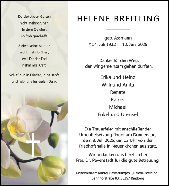 Traueranzeige von Helene Breitling von Die Glocke