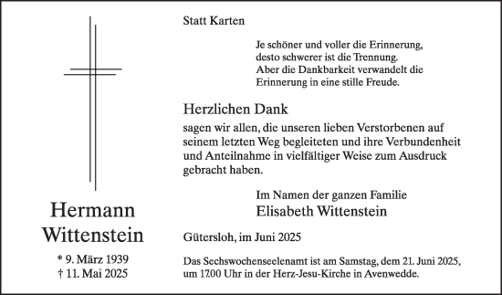 Traueranzeige von Hermann Wittenstein von Die Glocke