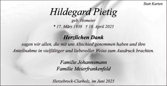 Traueranzeige von Hildegard Pietig von Die Glocke