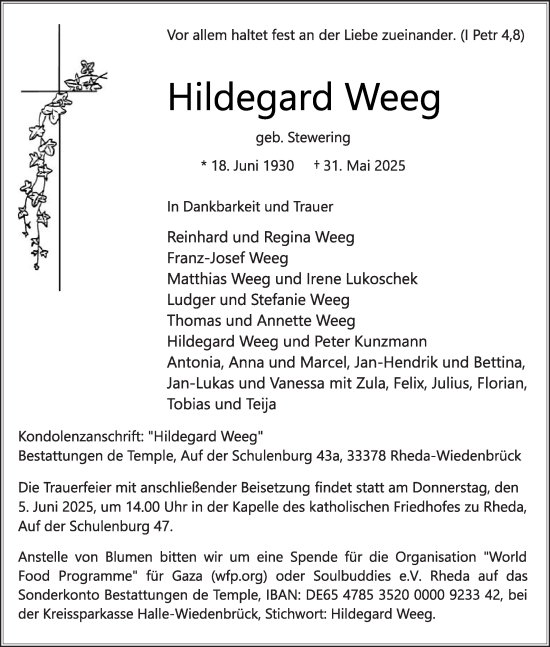 Traueranzeige von Hildegard Weeg von Die Glocke