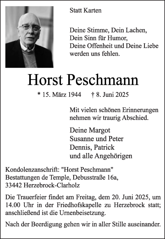 Traueranzeige von Horst Peschmann von Die Glocke