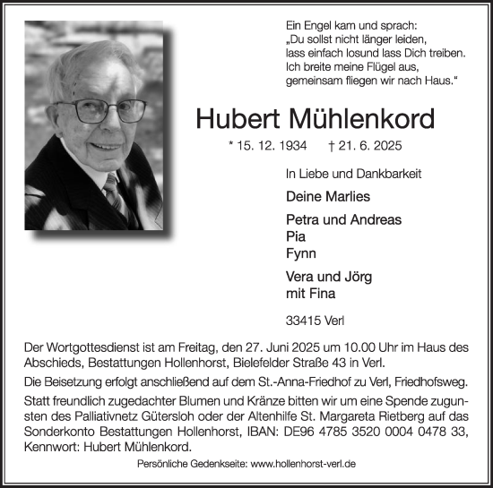 Traueranzeige von Hubert Mühlenkord von Die Glocke