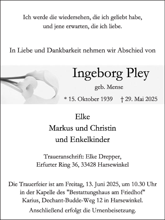 Traueranzeige von Ingeborg Pley von Die Glocke