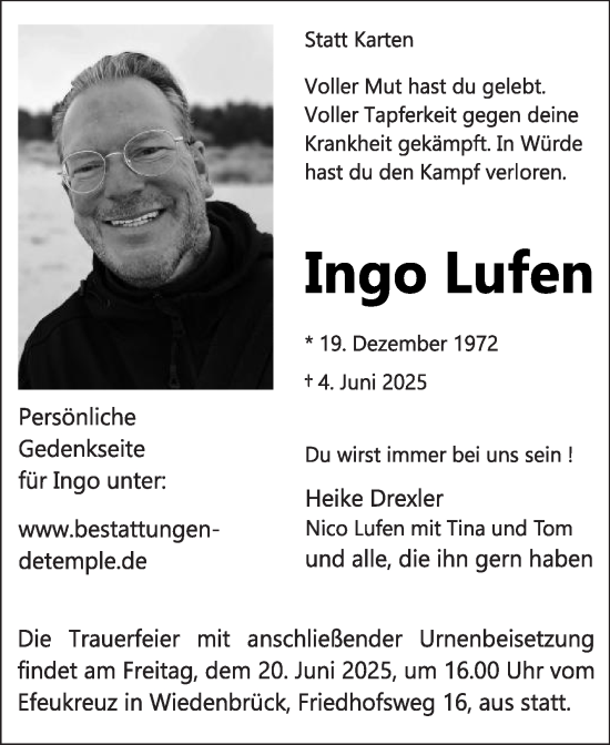 Traueranzeige von Ingo Lufen von Die Glocke