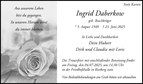 Traueranzeige von Ingrid Daberkow von Die Glocke