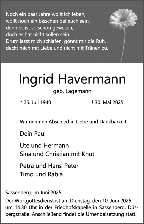 Traueranzeige von Ingrid Havermann von Die Glocke
