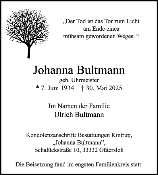 Traueranzeige von Johanna Bultmann von Die Glocke