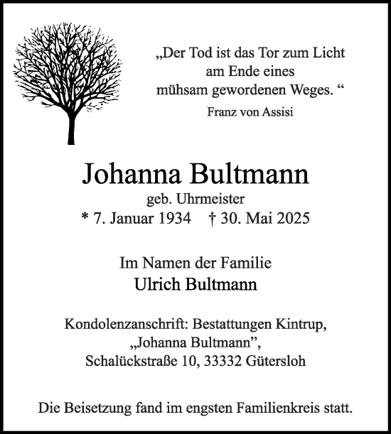 Traueranzeige von Johanna Bultmann von Die Glocke