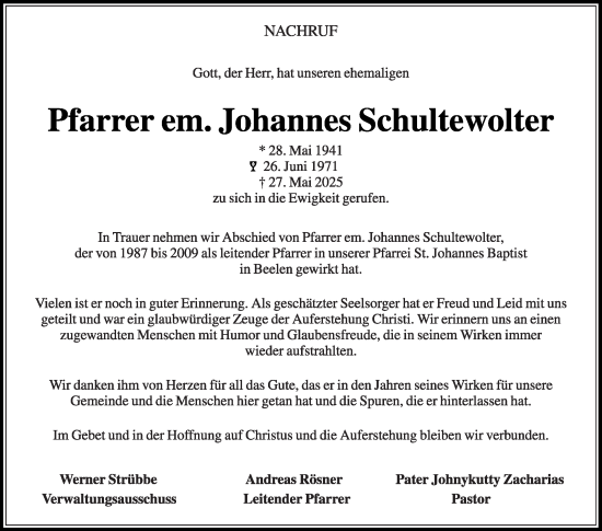 Traueranzeige von Johannes Schultewolter von Die Glocke