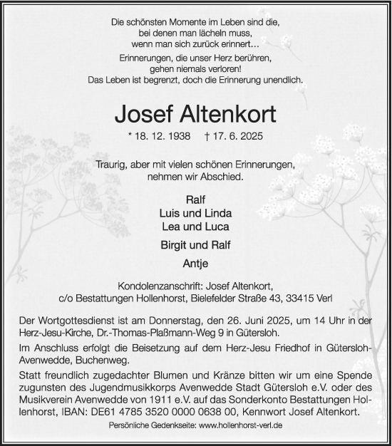 Traueranzeige von Josef Altenkort von Die Glocke