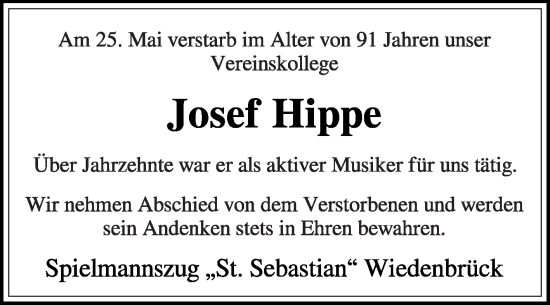 Traueranzeige von Josef Hippe von Die Glocke
