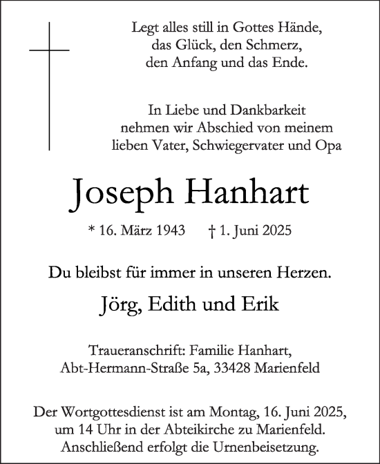 Traueranzeige von Joseph Hanhart von Die Glocke
