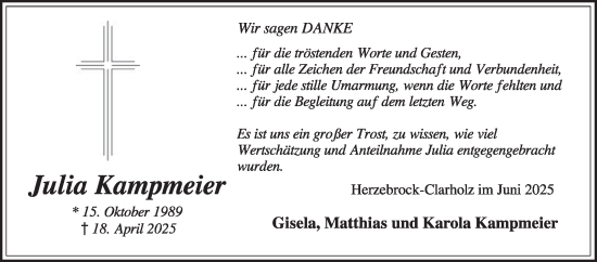 Traueranzeige von Julia Kampmeier von Die Glocke