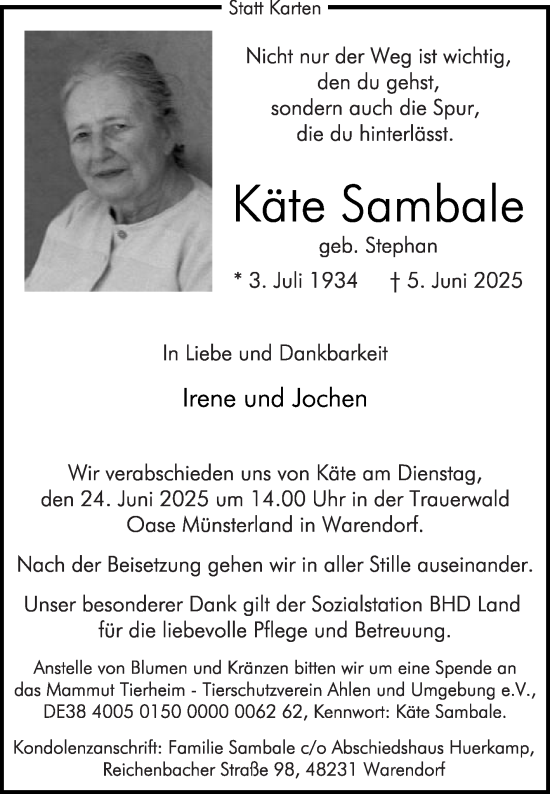 Traueranzeige von Käte Sambale von Die Glocke