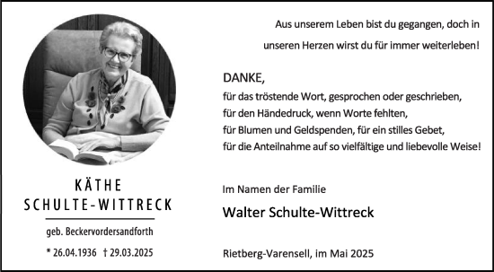 Traueranzeige von Käthe Schulte-Wittreck von Die Glocke